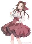  1girl alternate_costume brown_eyes brown_hair collared_shirt dress_shirt feet_out_of_frame forehead frilled_shirt frilled_skirt frills hair_intakes hair_ribbon half_updo highres jintsuu_(kancolle) kantai_collection kukimaru long_hair looking_at_viewer red_ribbon red_skirt ribbon shirt skirt solo standing white_shirt 