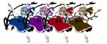  1girl alternate_color blonde_hair blue_eyes blue_hair blue_headwear blue_skirt blue_vest brown_eyes brown_hair brown_headwear brown_skirt brown_vest flandre_scarlet four_of_a_kind_(touhou) frilled_skirt frills full_body hat hat_ribbon holding holding_polearm holding_weapon laevatein_(touhou) looking_at_viewer mob_cap multicolored_wings open_mouth pink_headwear polearm puffy_short_sleeves puffy_sleeves purple_hair purple_headwear purple_skirt purple_vest red_eyes red_skirt red_vest ribbon ryuuzaki_(ereticent) short_sleeves simple_background skirt touhou vest violet_eyes weapon white_background wings 