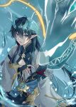  1boy bare_shoulders black_gloves black_hair black_pants chinese_clothes dan_heng_(honkai:_star_rail) dan_heng_(imbibitor_lunae)_(honkai:_star_rail) detached_sleeves dragon dragon_boy dragon_horns earrings elbow_gloves fingerless_gloves flower gloves green_horns grey_shirt highres honkai:_star_rail honkai_(series) horns jewelry long_hair long_sleeves lotus male_focus mororo1357 pants pectoral_cleavage pectorals pointy_ears red_eyeliner shirt single_earring solo traditional_clothes very_long_hair water white_sleeves 