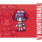  1girl bag blue_eyes blush_stickers boots character_name chibi christy_frisby cross_hair_ornament dress elbow_gloves english_commentary english_text first_aid_kit garter_straps gloves hair_ornament hat holding_strap knees_together_feet_apart nurse nurse_cap pixel_art purple_hair red_background short_hair shoulder_bag simple_background solo standing thigh_boots w_nightengale white_dress white_footwear x-girls_strike 