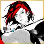  1girl armor black_hair blue_eyes border breasts chest_armor closed_mouth english_commentary expressionless fiora_(league_of_legends) greyscale jian_tai_(cuoyu0) large_breasts league_of_legends looking_to_the_side monochrome multicolored_hair orange_border redhead short_hair shoulder_armor signature simple_background solo streaked_hair swept_bangs two-tone_hair upper_body white_background 