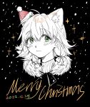  1girl absurdres animal_ears cat_ears cat_girl closed_mouth commentary_request dated english_text fur-trimmed_jacket fur_trim green_eyes hair_ribbon hat highres jacket merry_christmas mini_hat mini_santa_hat original ououren ribbed_sweater ribbon santa_hat sketch solo sweater 