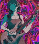  1girl abstract_background bocchi_the_rock! braid clenched_teeth collarbone dress electric_guitar eshaku_(asifu-coffee) fingernails guitar highres hiroi_kikuri holding holding_instrument instrument long_hair monochrome multicolored_background music nail_polish playing_instrument sharp_teeth single_braid sleeveless sleeveless_dress solo teeth 