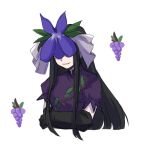  1girl black_gloves black_hair china_dress chinese_clothes covered_eyes dress elbow_gloves ellie_(jiazhoufuren) flower food fruit gloves grapes long_hair purple_dress purple_flower short_sleeves sidelocks simple_background smile solo touhou unfinished_dream_of_all_living_ghost upper_body vine_print white_background yomotsu_hisami 