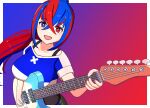  1girl alear_(female)_(fire_emblem) alear_(fire_emblem) blue_eyes blue_hair blush crossed_bangs fire_emblem fire_emblem_engage guitar hair_between_eyes heterochromia highres holding holding_instrument instrument long_hair looking_at_viewer mgnk33 multicolored_hair official_alternate_costume open_mouth ponytail red_eyes redhead shirt smile upper_body 