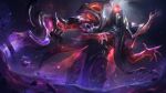  1boy absurdres armor constellation cowboy_shot dark_cosmic_jhin english_commentary extra_arms galaxy glowing glowing_eye glowing_hand highres hood hood_up in_orbit jhin league_of_legends light_particles looking_at_viewer male_focus marie_magny mask official_art orbited planet red_eyes rock shoulder_armor sky solo space star_(sky) starry_sky 