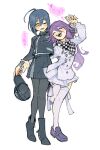  2girls ahoge arm_around_waist black_footwear black_hair black_nails black_pantyhose blush breasts checkered_clothes checkered_scarf closed_eyes danganronpa_(series) danganronpa_v3:_killing_harmony dress evercelle full_body genderswap genderswap_(mtf) hair_between_eyes hat heart highres holding holding_clothes holding_hands holding_hat long_hair looking_at_another multiple_girls nail_polish oma_kokichi one_eye_closed open_mouth pantyhose pinstripe_jacket pinstripe_pattern purple_footwear purple_hair saihara_shuichi scarf short_hair simple_background sketch skirt smile speech_bubble standing standing_on_one_leg striped teeth thigh-highs thigh_strap translation_request upper_teeth_only wavy_hair white_background white_thighhighs yuri 