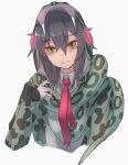  1other adapted_costume androgynous animal_hood arm_at_side closed_mouth collared_shirt cropped_arms cropped_torso grey_hair hair_between_eyes hand_up head_tilt highres hood hood_up hooded_jacket jacket kemono_friends long_hair long_sleeves long_tail looking_at_viewer okinawa_habu_(kemono_friends) print_hood print_jacket sasa_fune shirt simple_background sleeves_past_wrists smile snake_hood snake_print snake_tail solo tail tail_wrap white_background wing_collar yellow_eyes 