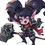  1girl armor black_armor black_hair brown_gloves clenched_hand fangs gloves hammer holding holding_hammer holding_weapon league_of_legends noxus_poppy official_alternate_costume phantom_ix_row pink_eyes poppy_(league_of_legends) red_scarf scarf simple_background solo teeth torn_scarf twintails upper_teeth_only weapon white_background yordle 