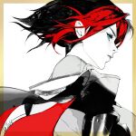  1girl armor black_hair blue_eyes border chest_armor closed_mouth english_commentary expressionless fiora_(league_of_legends) from_side greyscale jian_tai_(cuoyu0) league_of_legends looking_at_viewer looking_to_the_side monochrome multicolored_hair orange_border redhead short_hair shoulder_armor signature simple_background solo streaked_hair swept_bangs two-tone_hair upper_body white_background 