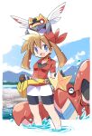  1girl :d bandana black_shorts blue_sky brown_hair clouds crawdaunt fanny_pack gloves highres looking_at_viewer may_(pokemon) ninjask on_head open_mouth partially_submerged pokeblock pokemon pokemon_(creature) pokemon_(game) pokemon_on_head pokemon_rse rascal red_bandana red_shirt shirt shorts sky smile violet_eyes water 