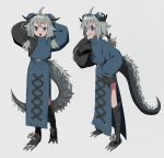  1girl ahoge animal_feet arms_behind_head arms_up black_eyes black_horns blue_dress blue_eyes blue_sclera bun_cover chain claws colored_sclera cross-laced_clothes cross-laced_dress double_bun dragon_girl dragon_horns dragon_tail dress full_body grey_background grey_hair grin hair_bun heterochromia high_collar highres horns hyow leg_wrap long_dress long_hair long_sleeves looking_at_viewer low_ponytail low_twintails multiple_views open_mouth original pelvic_curtain screw sharp_teeth short_eyebrows side_slit simple_background sleeves_past_fingers sleeves_past_wrists smile standing tail teeth twintails veins 