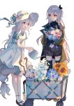  2girls :d absurdres ampheta arknights black_footwear black_shirt black_shorts black_thighhighs blue_flower blue_rose bouquet brown_jacket cart character_request commentary_request dress flower grey_hair hair_between_eyes highres holding holding_bouquet jacket long_hair multiple_girls open_clothes open_jacket red_eyes rose shirt shoes short_sleeves shorts simple_background smile socks standing thigh-highs very_long_hair watering_can white_background white_dress white_flower white_headwear white_rose white_socks yellow_flower 