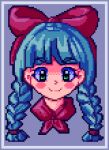  1990s_(style) 1girl blue_hair braid dithering green_eyes hair_ornament hair_ribbon lilian_duleroux long_hair looking_at_viewer original pixel_art portrait red_ribbon retro_artstyle ribbon simple_background smile solo twin_braids twintails 