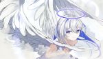  1girl absurdres amane_kanata angel_wings blue_hair closed_mouth colored_inner_hair dress feathered_wings feathers grey_hair halo highres hololive long_hair looking_at_viewer multicolored_hair smile solo sora_shitatoge streaked_hair violet_eyes virtual_youtuber white_background white_dress white_feathers wings 