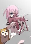  1girl :3 absurdres aiming assault_rifle bipod blue_eyes bocchi_the_rock! dog dress gotoh_futari grey_background gugyun gun highres howa_type_89 jimihen pink_hair rifle scope shiba_inu tongue tongue_out weapon white_dress 