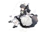  1girl apron arin_(fanfan013) black_dress black_footwear black_hair character_request dress full_body green_eyes highres juliet_sleeves long_hair long_sleeves looking_at_viewer maid original pantyhose puffy_sleeves shoes sitting solo twintails white_apron white_background white_pantyhose 