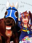  1girl 1other ^_^ animal_ears belt blue_hair blue_shirt brown_hair closed_eyes creature_and_personification daitaku_helios_(racehorse) daitaku_helios_(umamusume) ear_covers facing_viewer fang fantomyu grey_background hair_ornament hairclip horse horse_ears horse_girl multicolored_hair open_mouth shirt short_shorts shorts simple_background streaked_hair teeth tied_shirt two-tone_hair umamusume white_shorts 