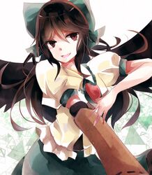  1girl aridamikannn arm_cannon black_wings bow brown_eyes brown_hair collared_shirt cowboy_shot feathered_wings frilled_shirt frilled_shirt_collar frills green_bow green_skirt hair_bow light_smile long_hair looking_at_another open_mouth puffy_sleeves reiuji_utsuho shirt simple_background skirt solo third_eye_on_chest touhou weapon white_background white_shirt wings 