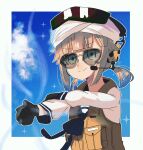  1other absurdres alternate_costume aviator_sunglasses black_gloves blonde_hair blue_sailor_collar blue_sky border clouds fate/grand_order fate_(series) gloves green_eyes headset highres holding_own_arm long_sleeves marine_nemo_(fate) microphone nemo_(fate) official_alternate_costume sailor_collar sailor_shirt shikaku_nemo shirt sky smile solo sparkle sparkling_eyes sunglasses turban vest white_border white_headwear 