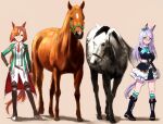  2girls 2others animal_ears black_footwear black_jacket boots bow bowtie brown_background creature_and_personification cross-laced_footwear ear_ribbon fantomyu full_body green_bow green_bowtie green_jacket green_ribbon horse horse_ears horse_girl horse_tail ikuno_dictus_(racehorse) ikuno_dictus_(umamusume) jacket lace-up_boots long_hair looking_at_another looking_at_viewer mejiro_mcqueen_(racehorse) mejiro_mcqueen_(umamusume) multicolored_hair multiple_girls multiple_others necktie orange_hair pants purple_hair red_necktie ribbon round_eyewear simple_background streaked_hair swept_bangs tail thigh_boots umamusume violet_eyes white_hair white_pants yellow_eyes 