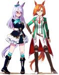  2girls 2others animal_ears black_footwear black_jacket boots bow bowtie creature_and_personification cross-laced_footwear ear_ribbon fantomyu full_body green_bow green_bowtie green_jacket green_ribbon horse_ears horse_girl horse_tail ikuno_dictus_(umamusume) jacket lace-up_boots long_hair looking_at_another looking_at_viewer mejiro_mcqueen_(umamusume) multicolored_hair multiple_girls multiple_others necktie orange_hair pants purple_hair red_necktie ribbon round_eyewear simple_background streaked_hair swept_bangs tail thigh_boots umamusume violet_eyes white_background white_hair white_pants yellow_eyes 