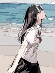  1girl beach black_hair black_skirt clouds cloudy_sky cropped_legs day from_side haruxxxsanekaki highres long_hair looking_at_viewer neckerchief original outdoors profile red_neckerchief shirt shore skirt sky water white_shirt 