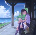  1girl aki_yamaji01 animal bench black_hair blue_eyes blue_sailor_collar blue_skirt blue_socks bow bowtie bush cat clouds cloudy_sky crossed_legs dated day dot_mouth ghost grass highres hugging_own_legs looking_at_another medium_hair original pleated_skirt railroad_tracks rainbow red_bow red_bowtie sailor_collar school_uniform serafuku shirt signature sitting_on_bench skirt sky socks solo water white_shirt 