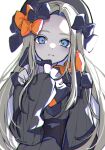  1girl abigail_williams_(fate) absurdres black_bow black_dress black_headwear blue_eyes bow dress expressionless fate/grand_order fate_(series) grey_hair hair_bow highres long_hair looking_at_viewer multiple_hair_bows natsume_hinako orange_bow parted_bangs simple_background sleeves_past_fingers sleeves_past_wrists upper_body white_background 