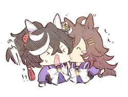  &gt;_&lt; 2girls ^_^ ahoge black_hair blush_stickers bow brown_hair chibi closed_eyes commentary_request ear_covers hair_between_eyes hair_ornament hairclip hat jagaimobeniko katsuragi_ace_(umamusume) long_sleeves medium_hair mini_hat mini_top_hat mr._c.b._(umamusume) multicolored_hair multiple_girls open_mouth ponytail purple_serafuku purple_shirt school_uniform serafuku shirt simple_background streaked_hair tilted_headwear top_hat tracen_school_uniform umamusume upper_body white_background white_bow white_hair winter_uniform 