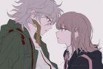  1boy 1girl black_jacket boleum_(dgrpluna) brown_hair collared_shirt danganronpa_(series) danganronpa_2:_goodbye_despair eye_contact flipped_hair galaga green_jacket grey_hair hair_ornament highres hood hood_down hooded_jacket jacket komaeda_nagito looking_at_another medium_hair nanami_chiaki neck_ribbon necktie open_mouth orange_necktie pink_eyes pink_ribbon profile ribbon shirt simple_background white_background white_shirt 