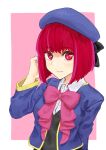  1girl absurdres arima_kana beret blue_headwear blue_jacket bob_cut closed_mouth hand_in_own_hair hat hat_ribbon highres inverted_bob jacket light_blush looking_at_viewer oshi_no_ko pink_background pink_ribbon red_eyes redhead ribbon school_uniform short_hair simple_background solo upper_body user_xyaz2323 youtou_high_school_uniform 
