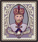  1boy aristocratic_clothes beard bishounen blonde_hair blue_eyes cape close-up closed_mouth cropped_shoulders crown facial_hair formal framed high_collar jewelry lilian_duleroux looking_at_viewer lowres male_focus mature_male original pixel_art portrait postage_stamp retro_artstyle russian_clothes russian_empire short_hair simple_background solo victorian 