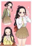  1girl absurdres black_hair bow breasts closed_eyes green_jacket green_necktie hair_bow hair_ornament highres jacket kamado_nezuko kimetsu_gakuen kimetsu_no_yaiba long_hair long_sleeves medium_breasts multicolored_hair multiple_views necktie open_mouth orange_hair pink_background pink_eyes pink_ribbon ponytail pori_(kmt_pori) ribbon school_uniform shirt simple_background skirt smile sweater very_long_hair white_background white_shirt yellow_sweater 