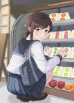  1girl apple bag black_footwear brown_hair chainsaw_man commentary dress english_commentary food fruit groceries hair_ornament hairpin higashiyama_kobeni highres kiwi_(fruit) kobenisuperfan satchel school_uniform shopping solo strawberry 