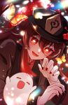  1girl :d black_headwear black_nails boo_tao_(genshin_impact) brown_coat brown_hair bug butterfly cent_(cent_mz) coat commentary flower genshin_impact ghost hair_between_eyes hat hat_flower hat_tassel hu_tao_(genshin_impact) light_blush light_particles long_hair long_sleeves looking_at_viewer orange_eyes smile solo twintails upper_body 