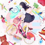  1girl backpack bag bicycle black_hair black_skirt bow bowtie brown_footwear closed_eyes collared_shirt commentary full_body highres kneehighs loafers long_hair miniskirt multicolored_hair original pleated_skirt red_bow red_bowtie riding riding_bicycle rokka_(rokka_013a) school_uniform shirt shoes short_sleeves skirt socks solo streaked_hair symbol-only_commentary white_shirt white_socks 