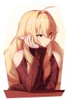  1girl ahoge blonde_hair closed_mouth clothing_cutout dev_(dev0614) drill_hair elf elinalise_dragonroad hair_between_eyes hair_intakes hand_on_own_cheek hand_on_own_face highres long_hair long_sleeves looking_to_the_side mushoku_tensei pointy_ears red_eyes red_sweater shoulder_cutout sleeves_past_wrists solo sweater upper_body 