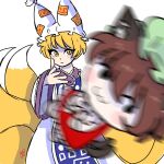  2girls :3 animal_ears bakeneko black_eyes blonde_hair blush brown_hair cat_ears cat_tail chen commentary eminem eminem_throwing_a_fat_rat_(meme) english_commentary faburin fox fox_ears fox_tail hat highres kitsune meme motion_blur multiple_girls multiple_tails short_hair simple_background tail touhou two_tails white_background wide_sleeves yakumo_ran yellow_eyes 