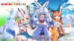  3girls animal_ears arctic_hare_(kemono_friends) blue_eyes bow bowtie cape caracal_(kemono_friends) cat_ears cat_girl coat elbow_gloves extra_ears gloves highres kemono_friends kemono_friends_kingdom kneehighs long_hair mountain_hare_(kemono_friends) multiple_girls official_art orange_hair rabbit_ears rabbit_girl red_eyes shirt short_hair shorts skirt sleeveless sleeveless_shirt socks tail white_hair 