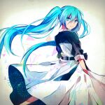  1girl aqua_hair belt blue_eyes blue_hair color7 dress floating_hair from_behind hair_between_eyes hatsune_miku holding holding_clothes holding_skirt junjou_skirt_(vocaloid) long_hair looking_at_viewer lowres skirt smile solo twintails very_long_hair vocaloid white_background 