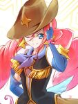  1girl blue_eyes brooch clear_glass_(mildmild1311) cowboy_hat cowboy_western earrings freckles gloves happinesscharge_precure! hat heart heart_brooch jewelry long_hair looking_at_viewer magical_girl one_eye_closed precure red_haired_cure_(bomber_girls_precure)_(happinesscharge_precure!) redhead smile solo starry_background twintails upper_body vest white_background 