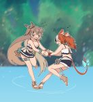  2girls ahoge animal_ears black_hair brown_hair closed_eyes dancing feather_hair_ornament feathers fongban_illust hair_ornament hakos_baelz highres hololive hololive_english mouse_ears mouse_girl mouse_tail multicolored_hair multiple_girls nanashi_mumei owl_girl redhead ribbon smile swimsuit tail white_hair 