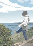  1girl apron balancing black_hair blue_pants brown_footwear bush clouds cloudy_sky from_behind full_body grass highres original outdoors pants shirt shoes short_hair sky sneakers socks solo standing standing_on_one_leg tsutsu_leafmoon water white_shirt 