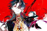  1boy black_hair black_jacket blade_(honkai:_star_rail) blood blood_on_face chinese_clothes ezu_(e104mjd) flower hair_over_one_eye honkai:_star_rail honkai_(series) jacket long_hair looking_at_viewer male_focus multicolored_hair one_eye_covered red_background red_eyes redhead shirt sketch smile solo spider_lily teeth white_background yellow_shirt 