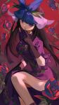  1girl absurdres black_gloves black_hair china_dress chinese_clothes daedalu dress flower gloves highres long_hair open_mouth plant purple_dress purple_flower short_sleeves smile solo touhou unfinished_dream_of_all_living_ghost vines violet_eyes yomotsu_hisami 