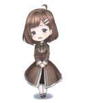  1girl ahoge blue_eyes blush bow bowtie brown_coat brown_footwear brown_hair brown_skirt chibi coat frilled_sleeves frills green_bow green_bowtie hair_ornament hairclip hod_(project_moon) kazu1010 library_of_ruina long_sleeves medium_hair open_mouth pantyhose project_moon shoes skirt smile solo white_pantyhose 