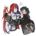  1boy 1girl alear_(female)_(fire_emblem) alear_(fire_emblem) blue_eyes blush cape closed_mouth facial_mark fire_emblem fire_emblem_engage green_hair griss_(fire_emblem) hair_between_eyes highres jewelry long_hair long_sleeves looking_at_another multicolored_hair open_mouth oratoza piercing red_eyes ring short_hair tattoo tiara two-tone_hair very_long_hair white_background 