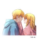  1boy 1girl asgykk blonde_hair blue_eyes blue_hoodie brother_and_sister eye_contact hands_on_another&#039;s_face hetero highres hood hoodie hoshino_aquamarine hoshino_ruby looking_at_another one_side_up oshi_no_ko pink_hoodie profile red_eyes siblings simple_background star-shaped_pupils star_(symbol) symbol-shaped_pupils translation_request twins twitter_username upper_body white_background 
