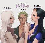  1boy 2girls black_hair blue_eyes closed_mouth crying crying_with_eyes_open earrings eyewear_on_head green_hair height_difference highres hisarakanoi holding_hands jewelry long_hair looking_at_another looking_at_viewer mother_and_daughter multiple_girls nico_olvia nico_robin one_eye_closed one_piece open_mouth roronoa_zoro scar short_hair single_earring smile sunglasses tearing_up tears white_hair 